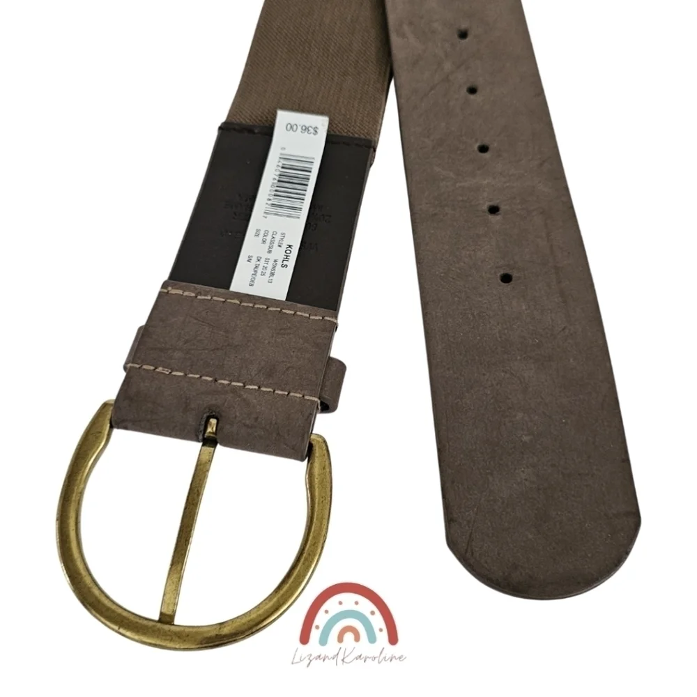 New! Faux Leather Wide Brass Buckle Stretchy Dark Taupe Belt S/M